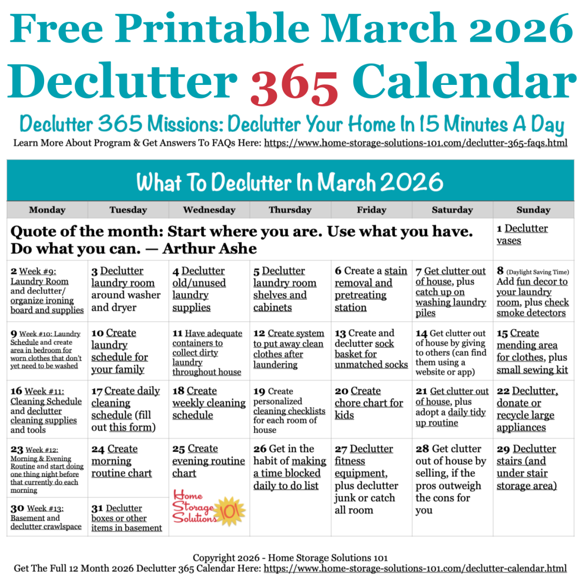 Free printable March 2026 #decluttering calendar with daily 15 minute missions. Follow the entire #Declutter365 plan provided by Home Storage Solutions 101 to #declutter your whole house in a year.