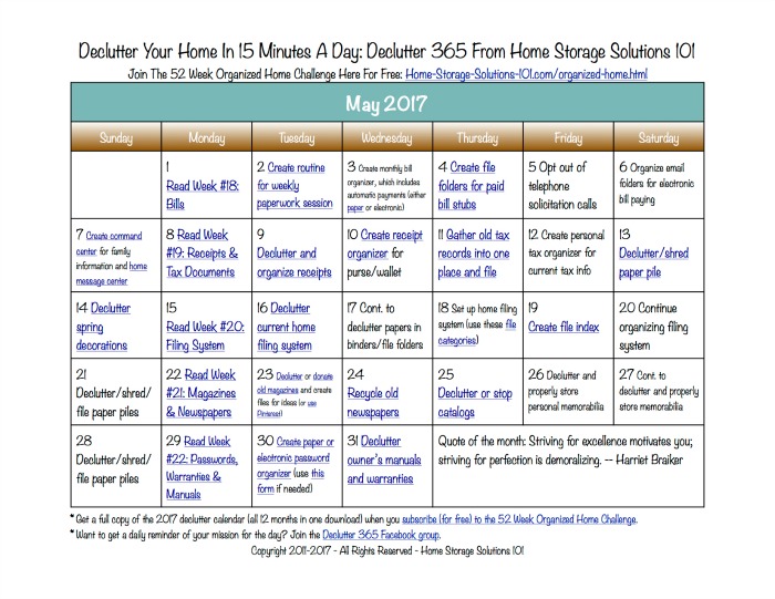 May Declutter Calendar 15 Minute Daily Missions For Month