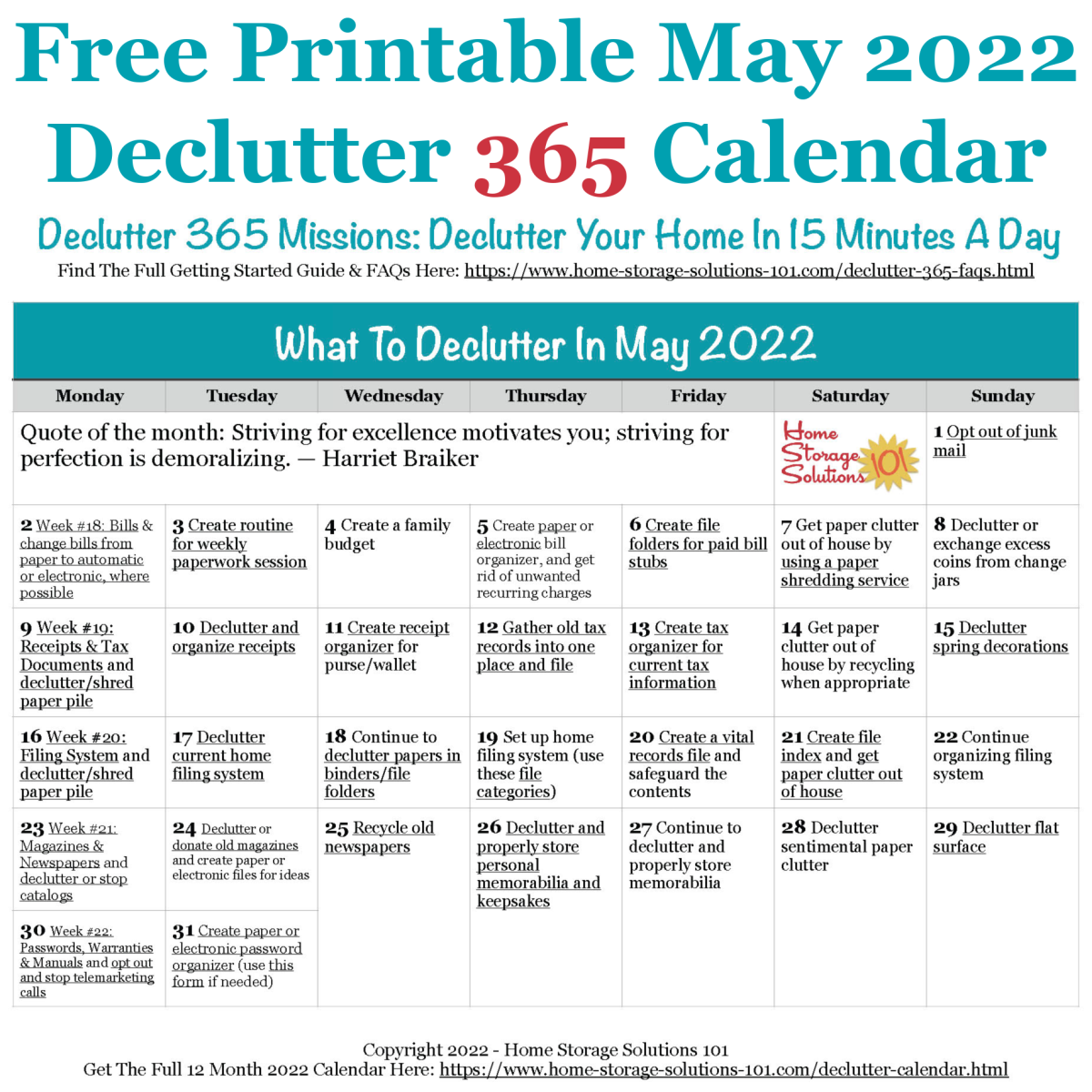 Free printable May 2022 #decluttering calendar with daily 15 minute missions. Follow the entire #Declutter365 plan provided by Home Storage Solutions 101 to #declutter your whole house in a year.