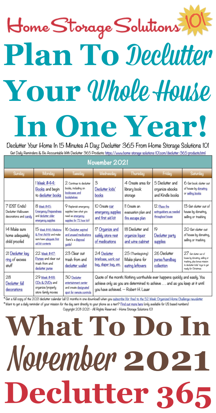 Free printable November 2021 #decluttering calendar with daily 15 minute missions. Follow the entire #Declutter365 plan provided by Home Storage Solutions 101 to #declutter your whole house in a year.
