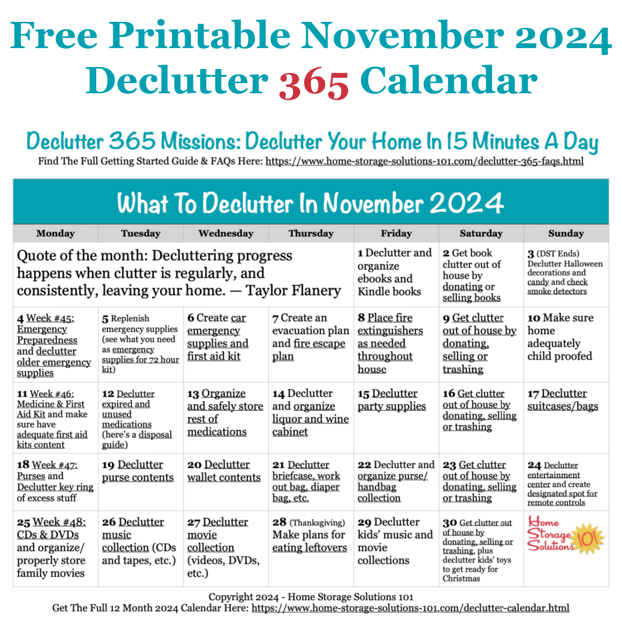 November Declutter 365 Calendar: 15 Minute Daily Missions For Month