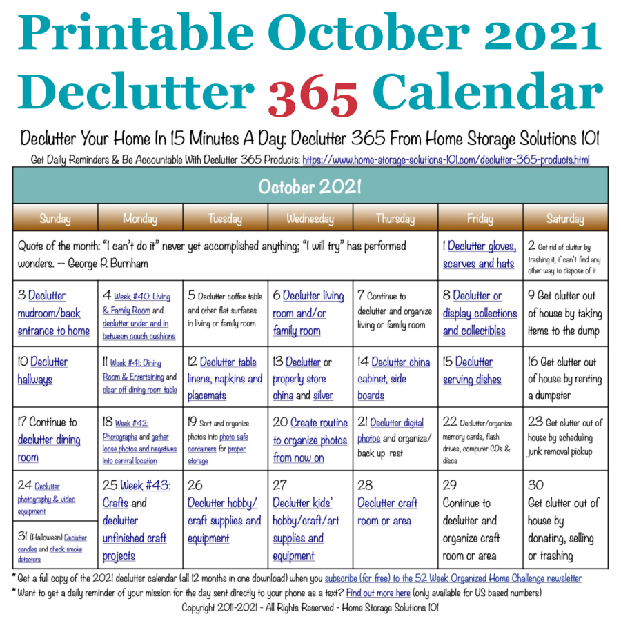 Free printable October 2021 #decluttering calendar with daily 15 minute missions. Follow the entire #Declutter365 plan provided by Home Storage Solutions 101 to #declutter your whole house in a year.