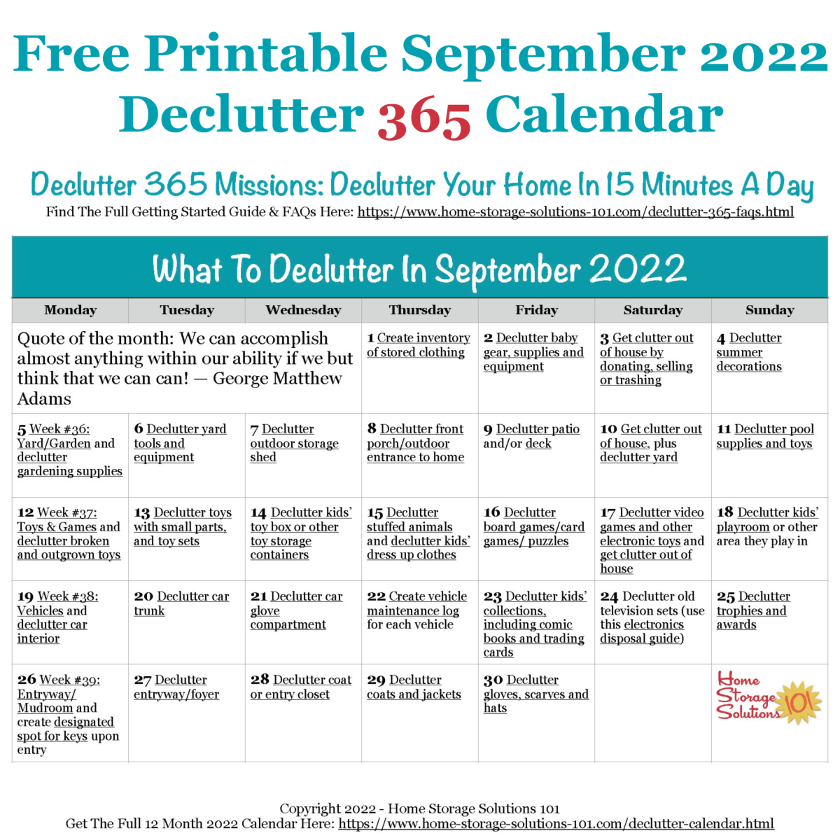 Free printable September 2022 #decluttering calendar with daily 15 minute missions. Follow the entire #Declutter365 plan provided by Home Storage Solutions 101 to #declutter your whole house in a year.