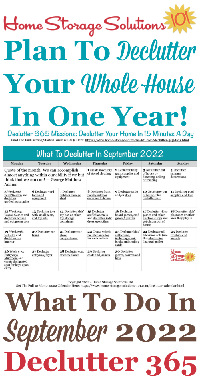 Free printable September 2022 #decluttering calendar with daily 15 minute missions. Follow the entire #Declutter365 plan provided by Home Storage Solutions 101 to #declutter your whole house in a year.