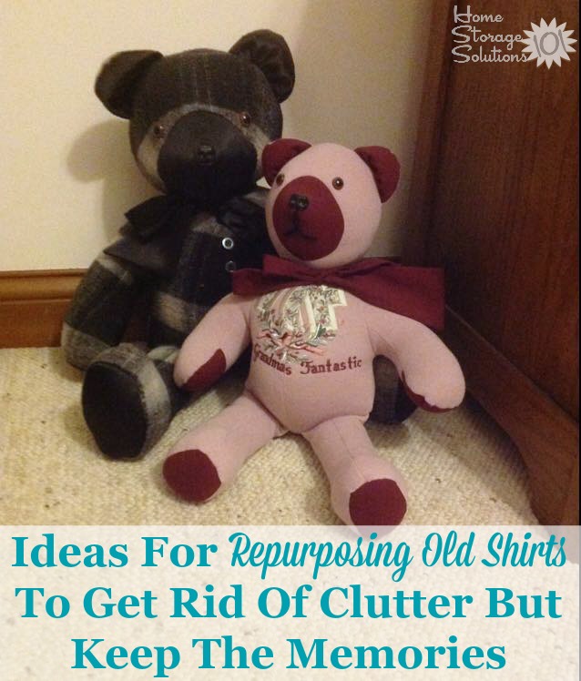 Ideas for repurposing old t-shirts to get rid of clutter but keep the special memories that the shirt and clothing represents {on Home Storage Solutions} #DeclutterShirts #ClothingClutter #RepurposeTShirts