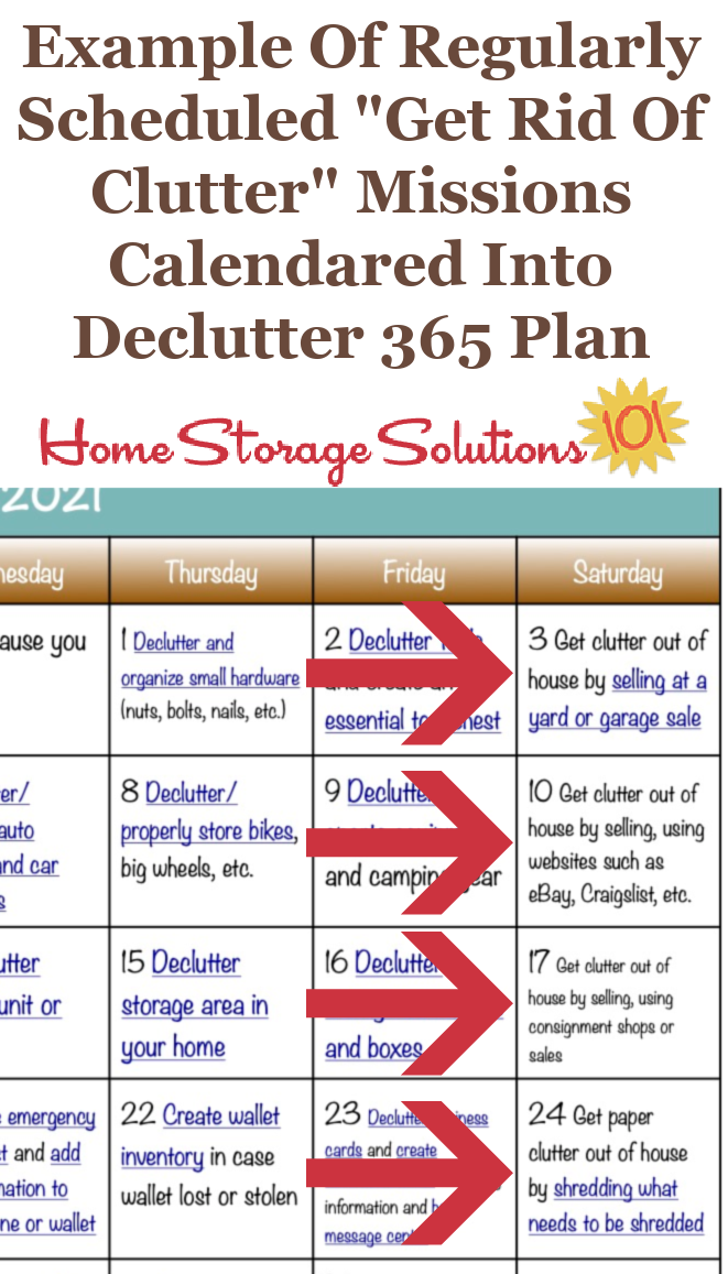 To help you get rid of the clutter in your home, the Declutter 365 missions regularly calendar missions to remove the clutter from your home {on Home Storage Solutions 101} #Decluttering #Declutter365 #Declutter