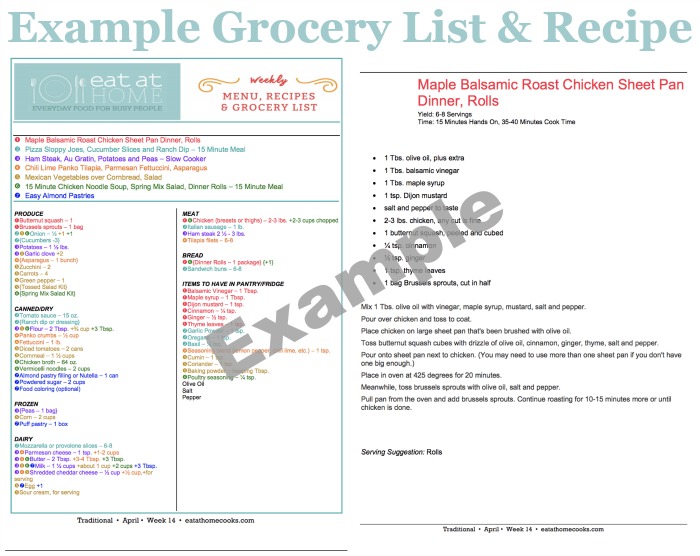 Example grocery list and recipe from the Eat At Home meal plans {on Home Storage Solutions 101}