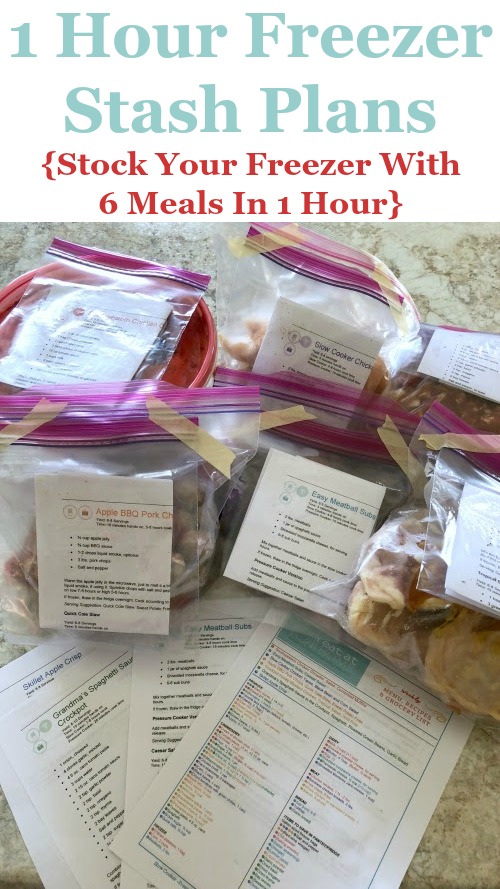 1 hour freezer stash plans, to stock your freezer with 6 meals in 1 hour, available as part of the Eat at Home meal plans {review on Home Storage Solutions 101} #FreezerMeals #FreezerCooking #PrepAheadMeals