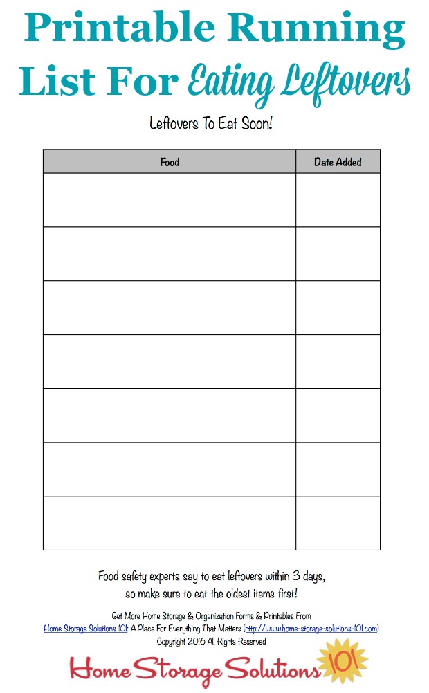 Free printable running list for eating leftovers before they go bad in your fridge {courtesy of Home Storage Solutions 101}