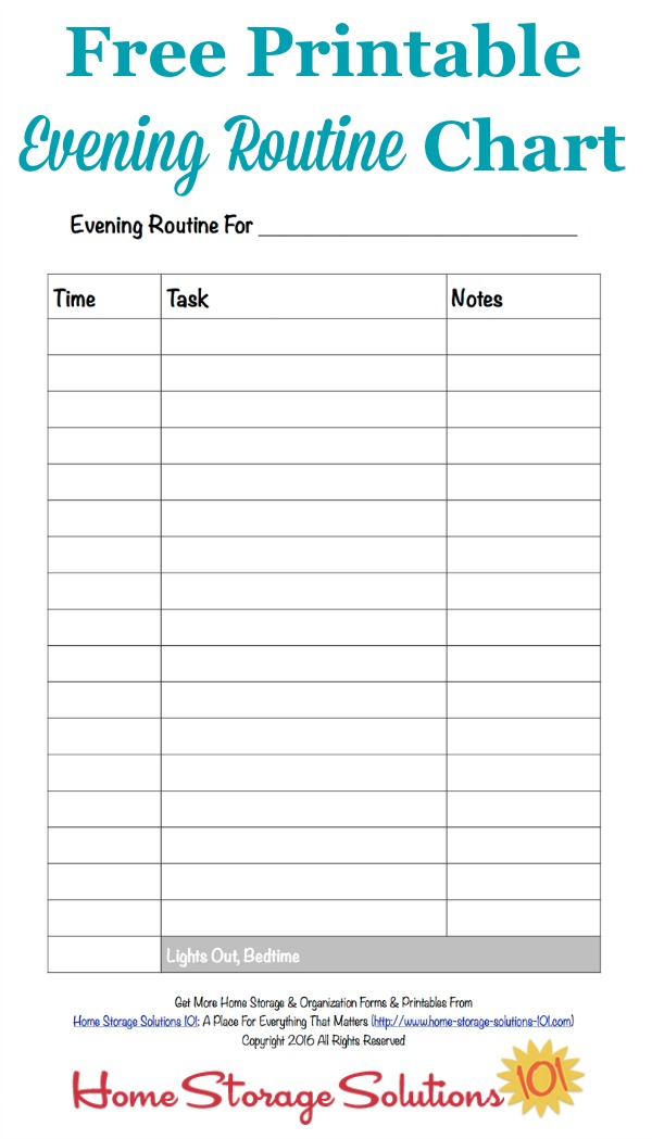 Free #printable evening routine chart to help you finish your daily tasks, get ready for the next day, and get yourself ready for bed {courtesy of Home Storage Solutions 101} #EveningRoutine #EveningRoutineChart
