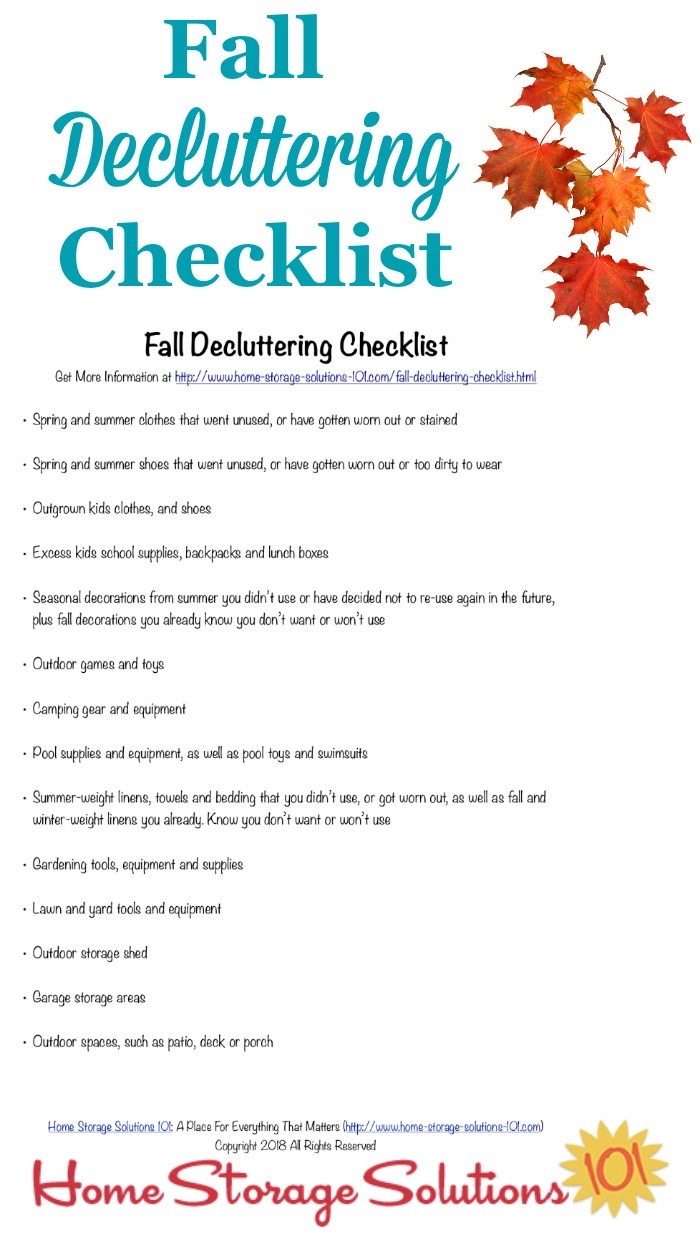 Printable fall decluttering checklist, listing seasonal clutter to get out of your home at the close of summer and beginning of autumn {courtesy of Home Storage Solutions 101} #DeclutteringChecklist #FallChecklist #FreePrintable