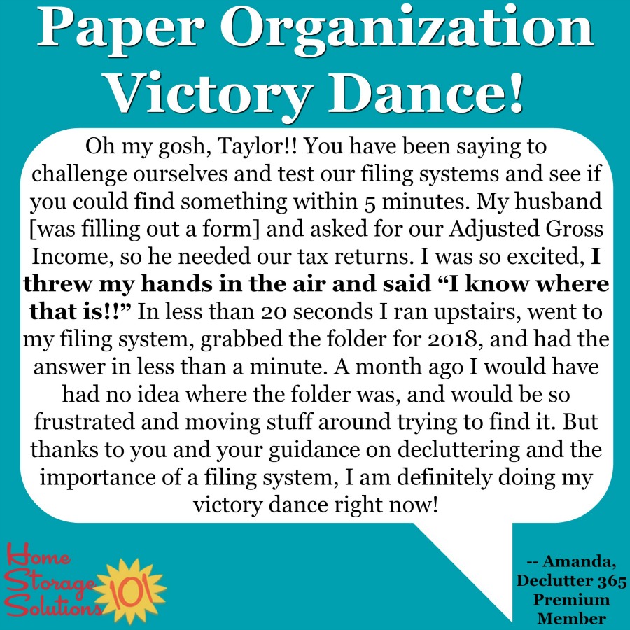 Amanda's paper organization victory dance using the 52 Week Organized Home Challenge and Declutter 365 missions {on Home Storage Solutions 101}