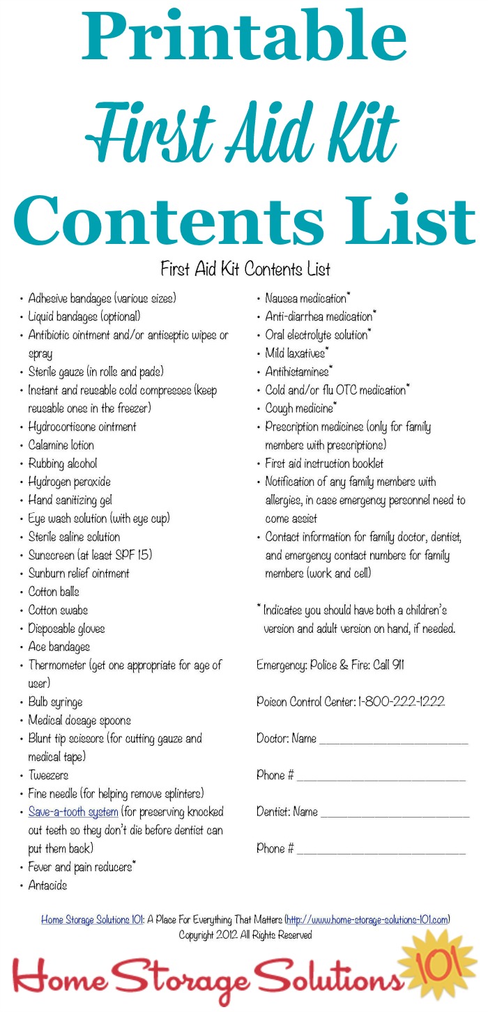 Free printable first aid kit contents list with what you need in your home for minor emergencies and injuries {on Home Storage Solutions 101} #FirstAidKit #EmergencyPreparedness #SafetyTips
