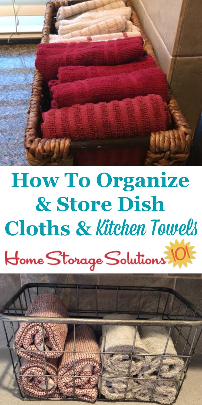 Idea for how to organize and store dish cloths and kitchen towels, inside a basket on your kitchen counter {on Home Storage Solutions 101} #KitchenOrganization #OrganizingTips #Organize