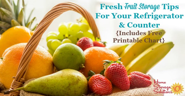 Here are tips for fresh fruit storage on your counter, and in the refrigerator, to keep it fresh and tasting good. A free printable storage chart is included {on Home Storage Solutions 101}