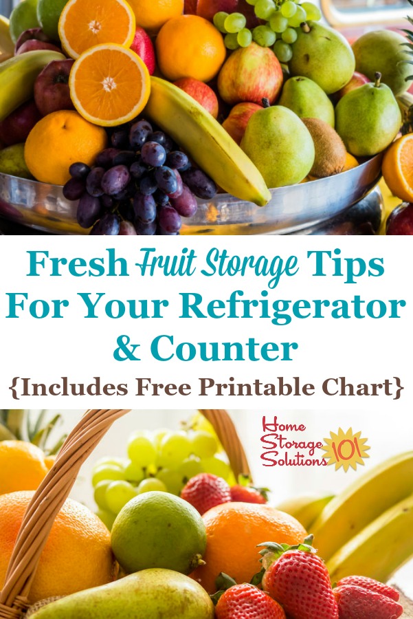 Here are tips for fresh fruit storage on your counter, and in the refrigerator, to keep it fresh and tasting good. A free printable storage chart is included {on Home Storage Solutions 101} #FruitStorage #ProduceStorage #StoringFruit