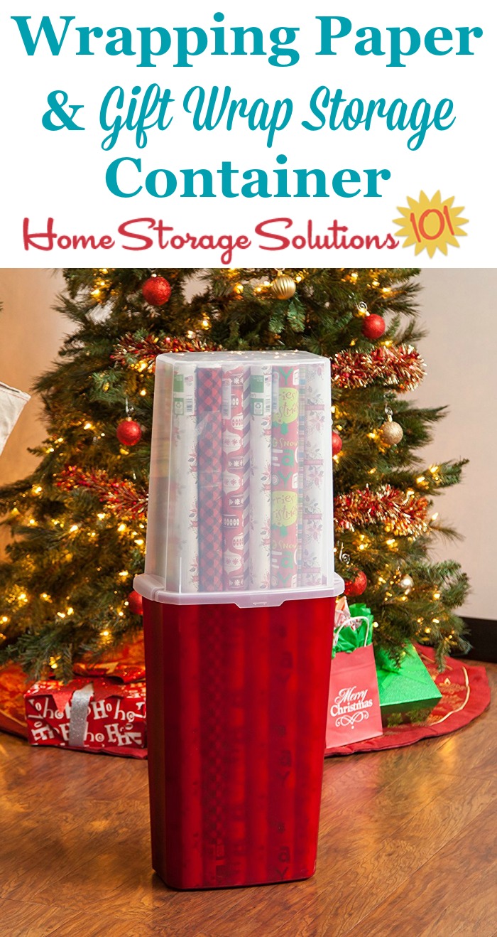 This wrapping paper and gift wrap storage container is an ideal way to organize long rolls of wrapping paper, keeping them clean, unbent, and protected while in storage {featured on Home Storage Solutions 101} #ChristmasStorage #HolidayStorage #GiftWrapStorage