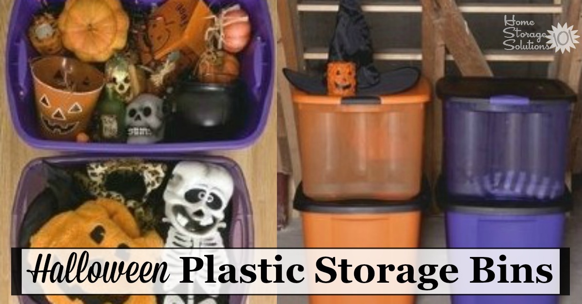 If you're looking for Halloween storage ideas these Halloween plastic storage bins in orange and purple are a cute way to store your decorations for easy visual access year after year {on Home Storage Solutions 101} #HalloweenStorage #HolidayStorage #HalloweenDecorations