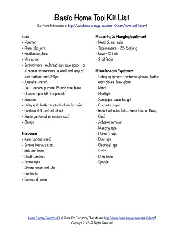 Free printable home tool kit list, courtesy of Home Storage Solutions 101
