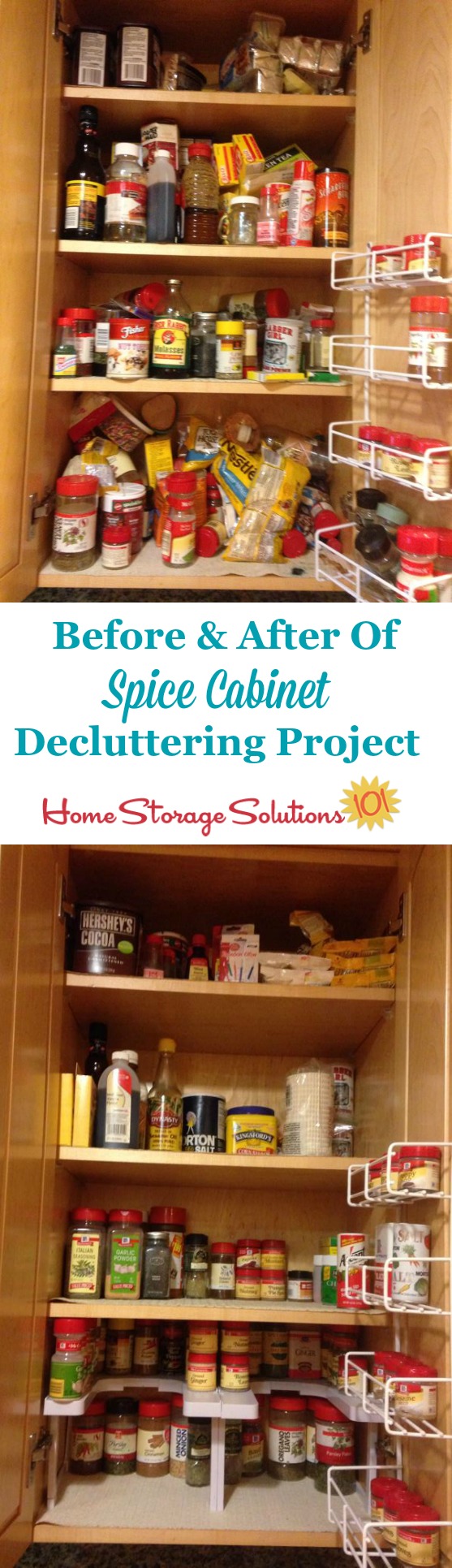 Before and after of spice cabinet decluttering project. Part of the #Declutter365 missions on Home Storage Solutions 101.
