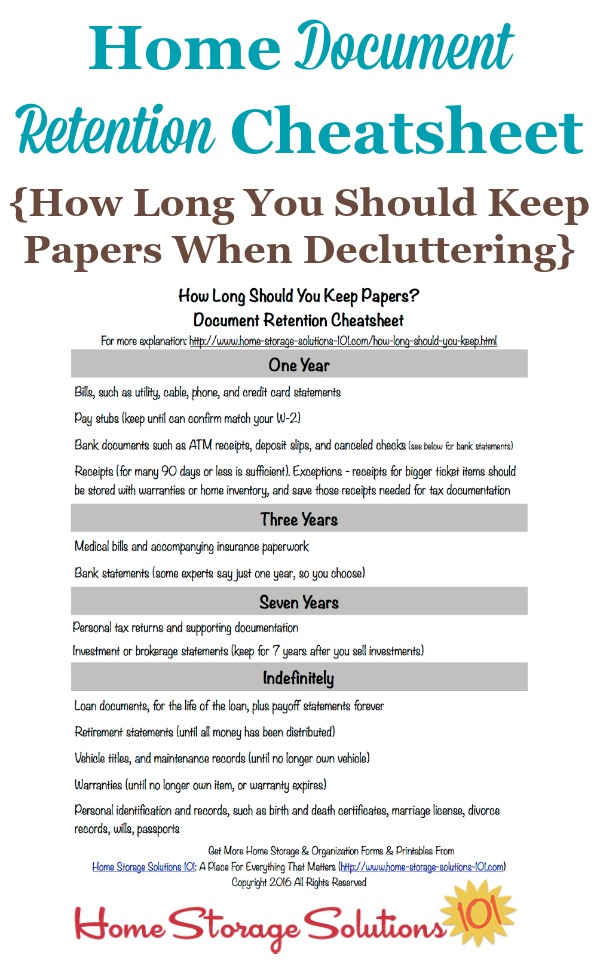 Free printable home document retention cheatsheet with information about how long you should keep papers when decluttering so you can feel comfortable with what to keep versus to toss, shred or recycle {courtesy of Home Storage Solutions 101} #DeclutteringPaper #PaperOrganization #FileOrganization