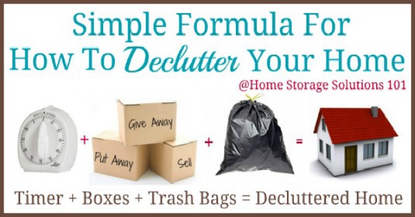 Simple to follow instructions for how to declutter your home, including taking time for clean up at the end so you don't make a bigger mess in the process, or get overhwlemed {on Home Storage Solutions 101}