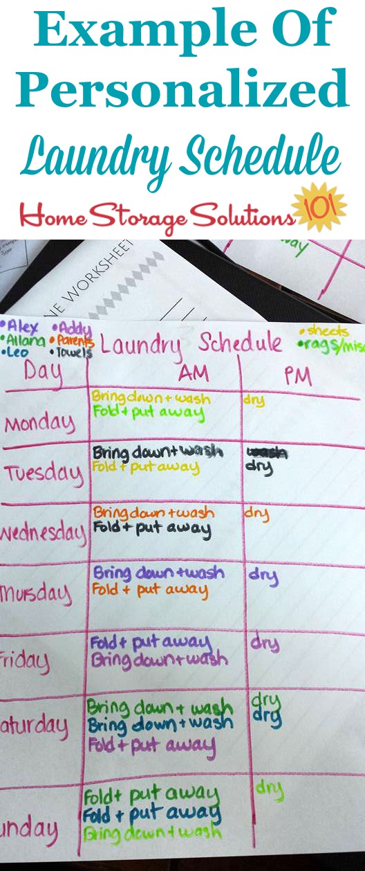Example of a personalized laundry schedule made by Andrea, after asking herself the four questions suggested in the #Declutter365 mission {find out how to make a laundry schedule that works for you on Home Storage Solutions 101}