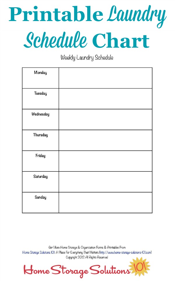 Free printable weekly laundry schedule blank form that you can fill out with your personalized routine to keep up with your household's laundry {courtesy of Home Storage Solutions 101} #LaundrySchedule #LaundryRoutine #LaundryTips