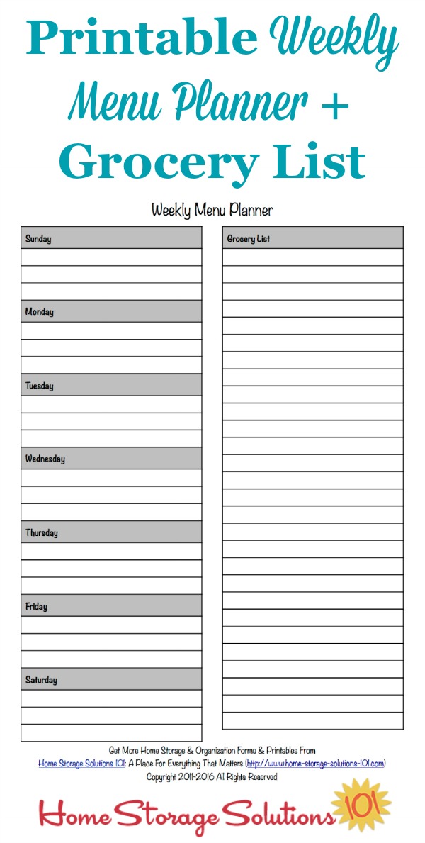 Free #printable weekly menu planner template plus accompanying grocery list {courtesy of Home Storage Solutions 101} #MealPlanning #MealPlan