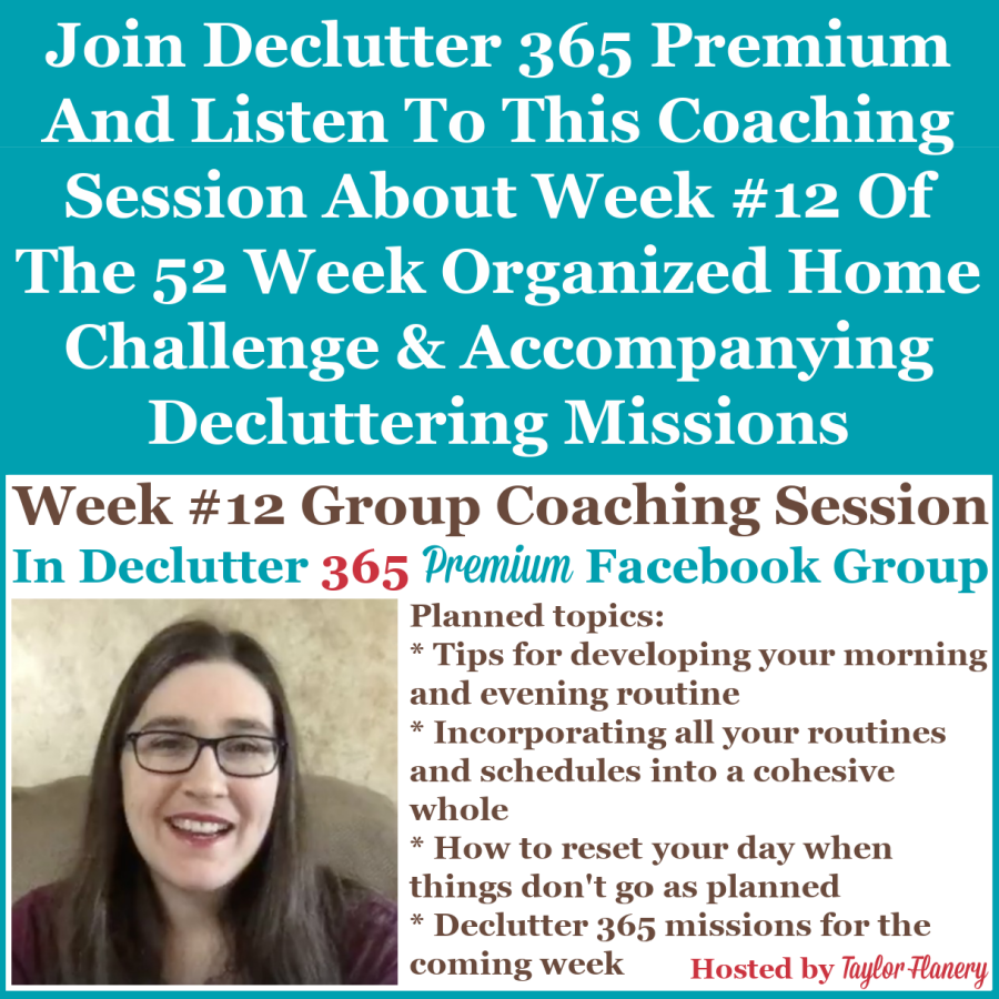 Join Declutter 365 premium and listen to this coaching session about Week #12 of the 52 Week Organized Home Challenge and accompanying decluttering missions, about creating a morning and evening routine, as well as about decluttering and organizing other areas of your home {on Home Storage Solutions 101}