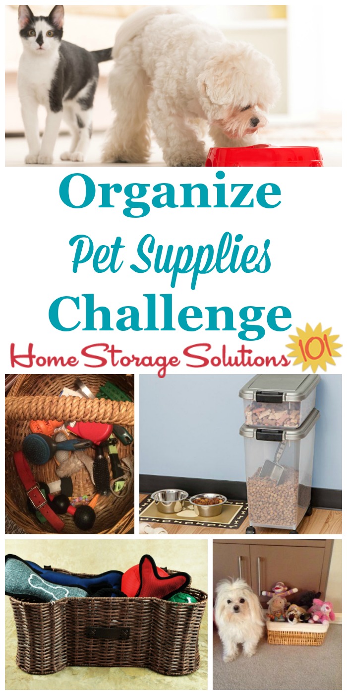 Step by step instructions for how to organize pet supplies, including pet food, treats, toys, paperwork and information and more for the animals who are part of our families and home {on Home Storage Solutions 101} #52WeekChallenge #OrganizedHome #PetSupplies