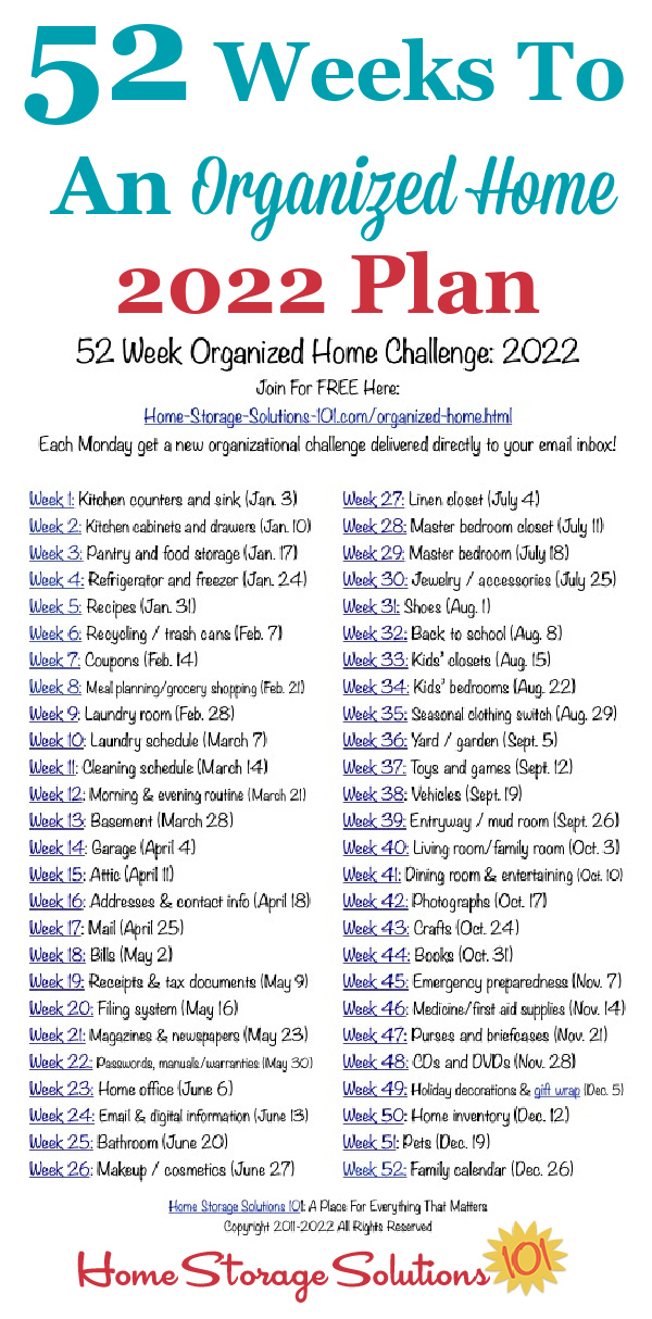 Free printable list of the 52 Weeks To An Organized Home Challenges for 2022. Join over 150,000 others who are getting their homes organized one week at a time! {on Home Storage Solutions 101} #OrganizedHome #Organization #Organized