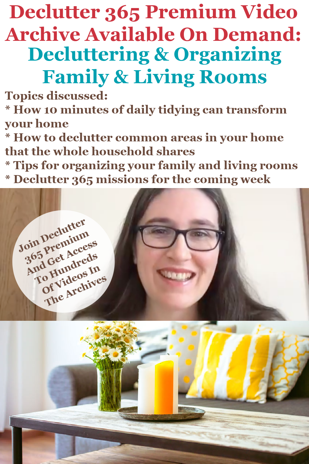 Declutter 365 Premium video archive available on demand all about decluttering and organizing your family and living room, on Home Storage Solutions 101