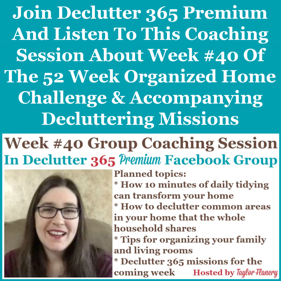 Join Declutter 365 Premium and listen to this coaching session about Week #40 of the 52 Week Organized Home Challenge and accompanying decluttering missions, with a discussion of decluttering and organizing your living and family rooms {on Home Storage Solutions 101}