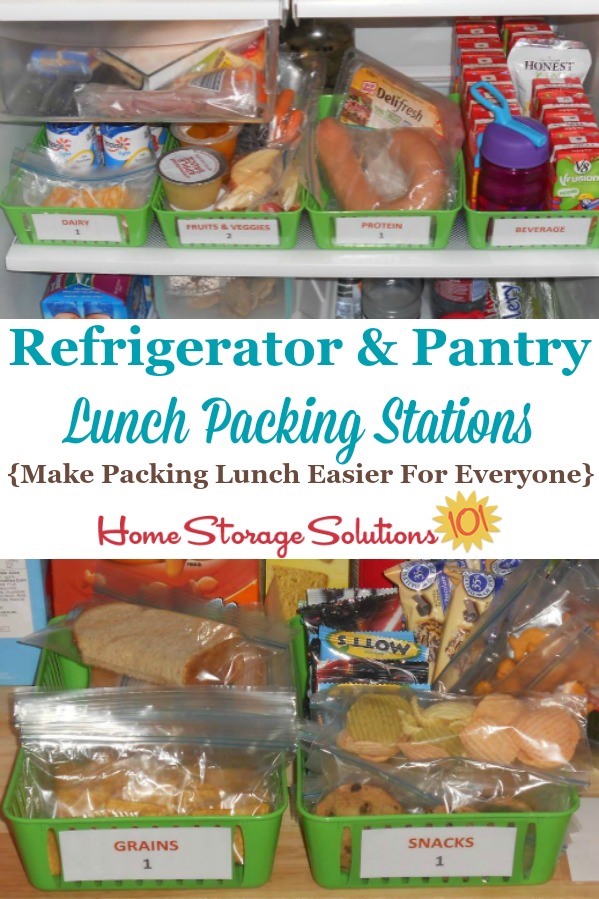 Examples of refrigerator and pantry lunch packing stations, used to make packing lunch for school or work easier for everyone in the family {featured on Home Storage Solutions 101} #PackLunches #PantryOrganization #RefrigeratorOrganization