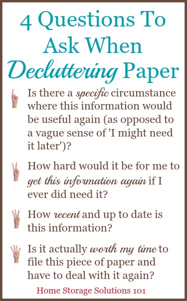4 questions to ask when decluttering paper so that you can get rid of the right things! {on Home Storage Solutions 101} #DeclutteringPaper #PaperClutter #DeclutterPaper
