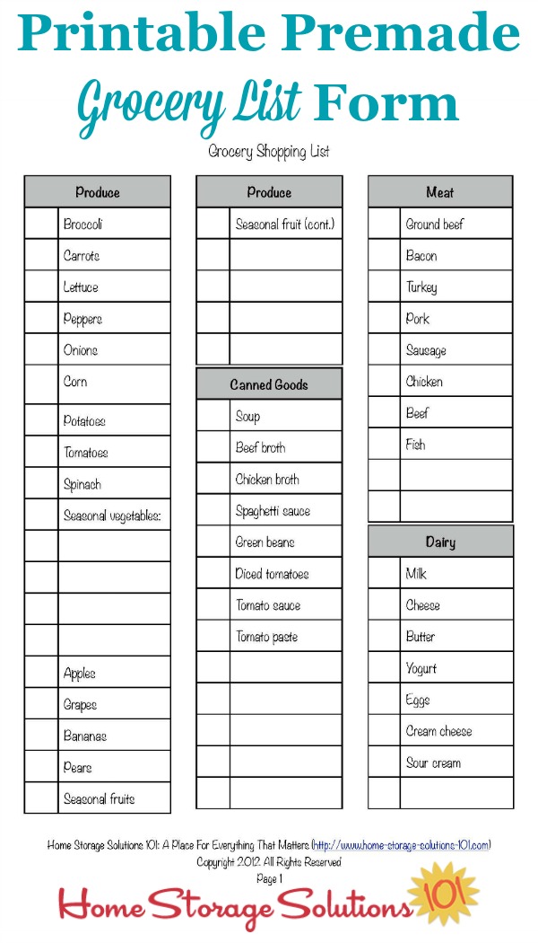 Free premade printable grocery list form designed to let you check off the items you need for the week {courtesy of Home Storage Solutions 101}