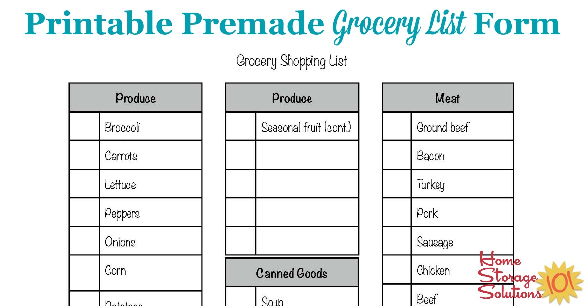 Free premade printable grocery list form designed to let you check off the items you need for the week {courtesy of Home Storage Solutions 101}