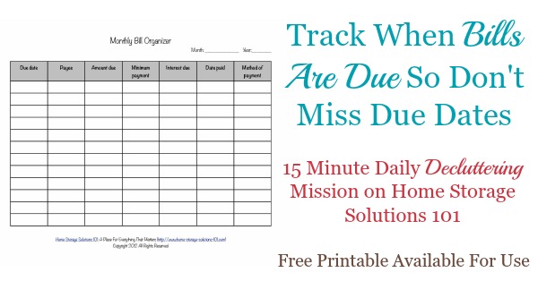 Printable Monthly Bill Organizer To Make Sure You Pay Bills On Time