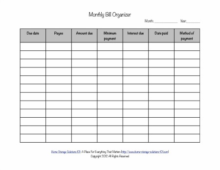 Colored Monthly Bill Organizer Template Template - Printable PDF