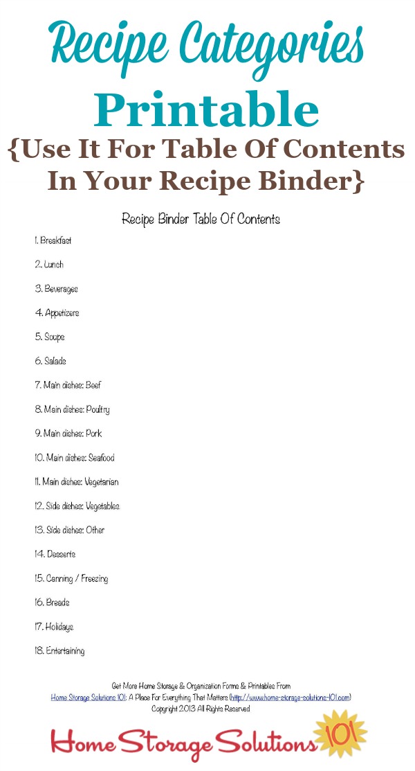 Free recipe categories #printable that you can use for your table of contents in your recipe binder {courtesy of Home Storage Solutions 101} #RecipeBinder #RecipeOrganization