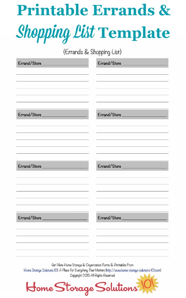 Free printable errands and shopping list template that you can fill out over the course of the week and never forget all the things you've got to pick up or do during your regularly scheduled errands time {courtesy of Home Storage Solutions 101}