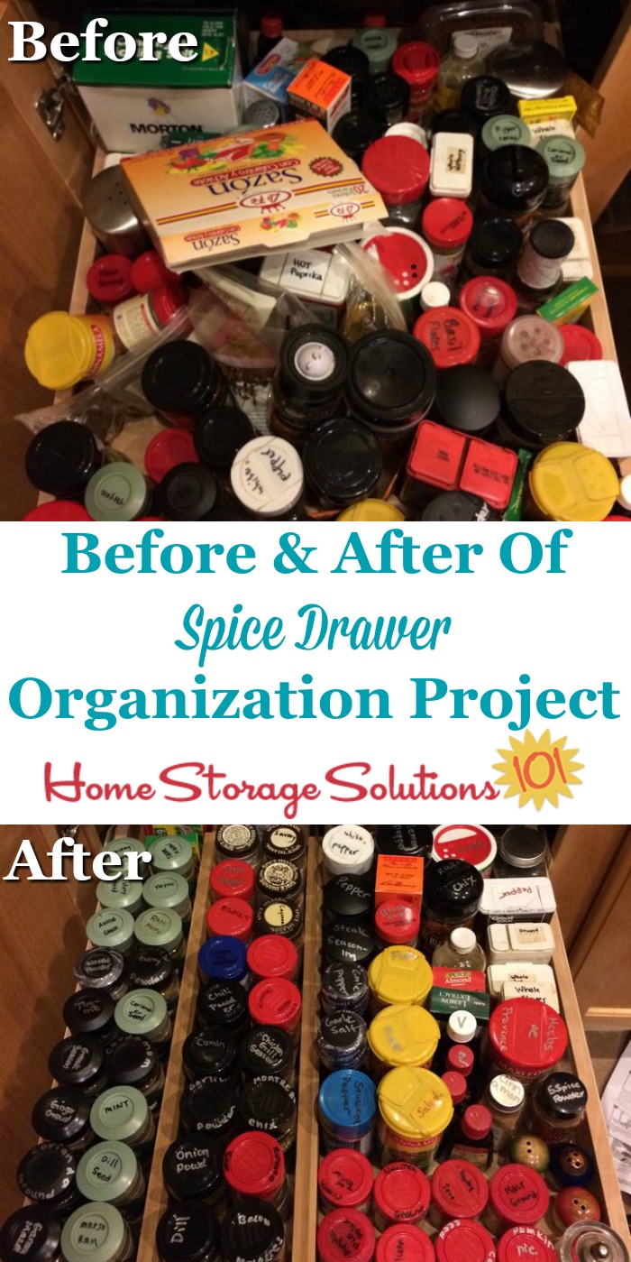 Before and after of spice drawer organization project, to show how adding dividers to the drawer help to keep the spices from shifting, and more organized {on Home Storage Solutions 101} #KitchenOrganization #PantryOrganization #HomeOrganization