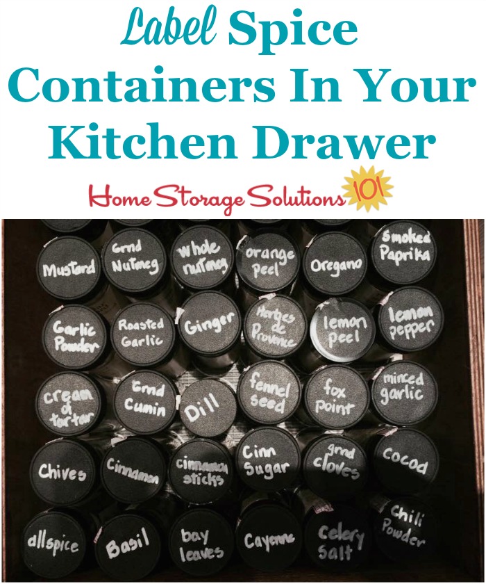 How and why to label spice cotainers in your kitchen drawer, to make cooking and preparing food easier {on Home Storage Solutions 101} #KitchenOrganization #PantryOrganization #OrganizingTips