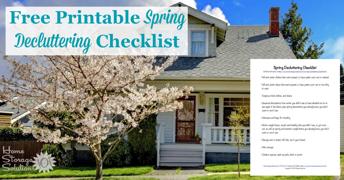 Here is a free printable spring decluttering checklist that you can use to get rid of clutter around your home when spring begins {on Home Storage Solutions 101}