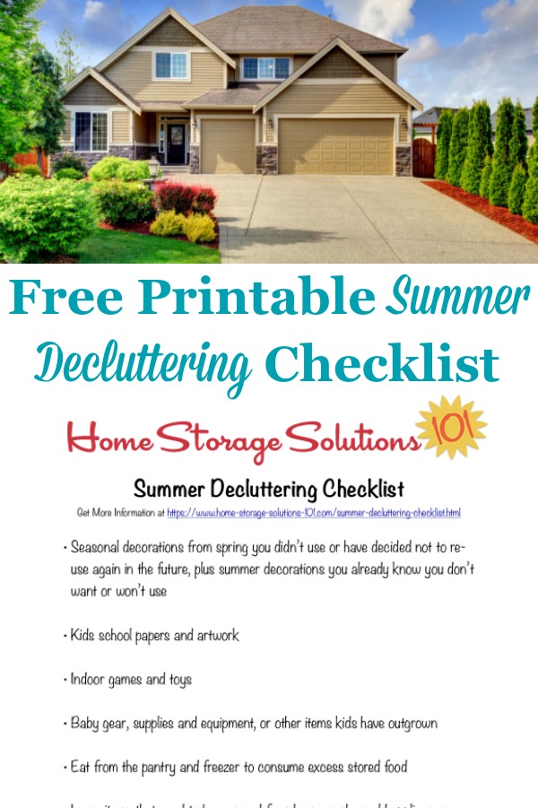 Here is a free printable summer decluttering checklist that you can use to get rid of clutter around your home when summer begins {on Home Storage Solutions 101} #DeclutteringChecklist #SummerDecluttering #SummerCleaning