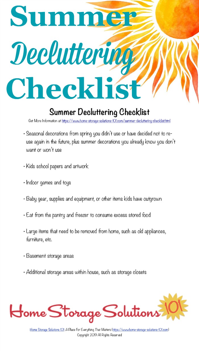 Printable summer decluttering checklist, listing seasonal clutter to get out of your home at the close of spring and beginning of summer {courtesy of Home Storage Solutions 101} #DeclutteringChecklist #SummerChecklist #FreePrintable
