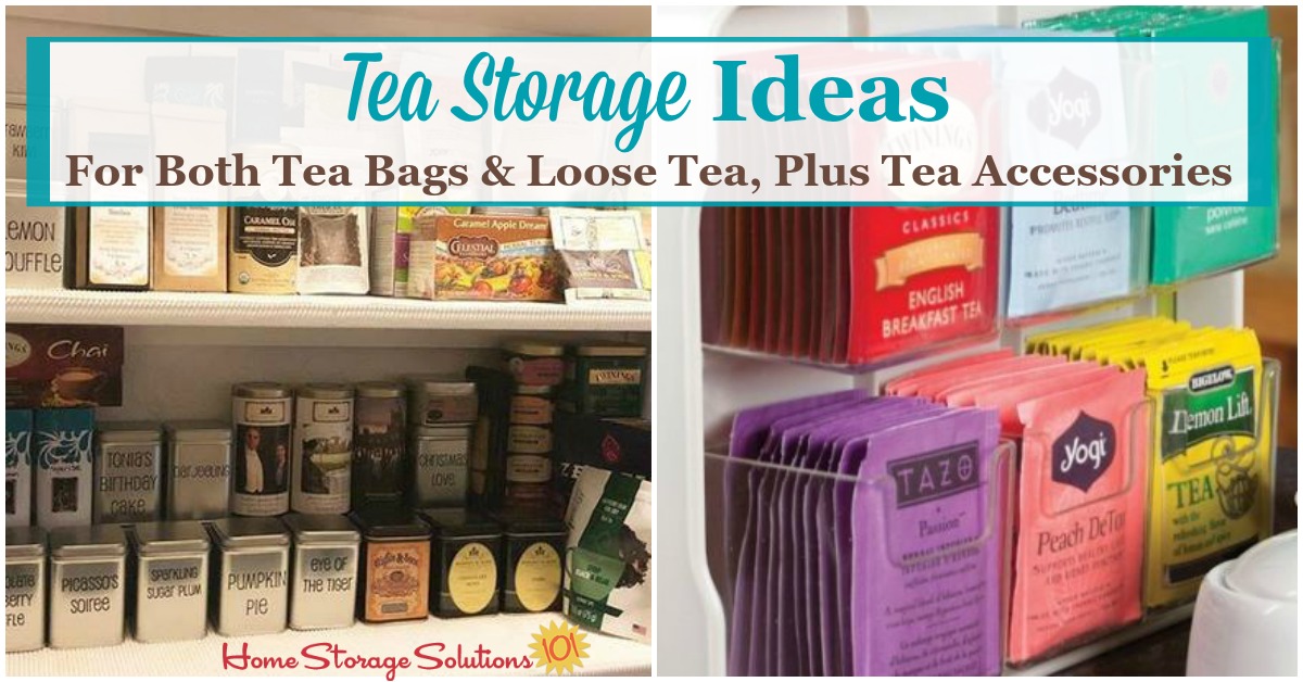 Here are tea storage ideas and organization tips for both tea bags and also loose tea, plus tips for organizing tea accessories such as strainers, honey spoons and more {on Home Storage Solutions 101}