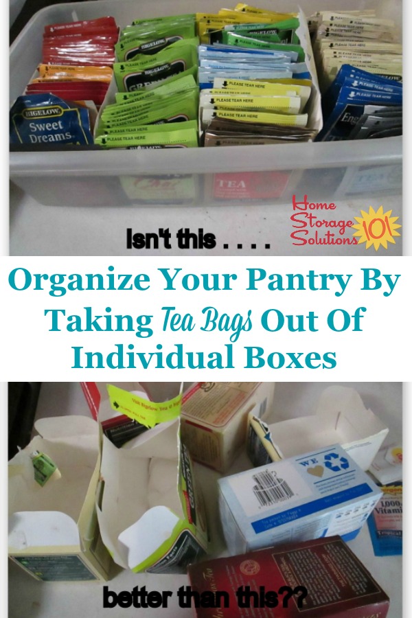 Organize your pantry by taking tea bags out of their individual boxes and putting them in one tea bag storage container or organizer {featured on Home Storage Solutions 101} #TeaStorage #TeaOrganizer #TeaBagStorage