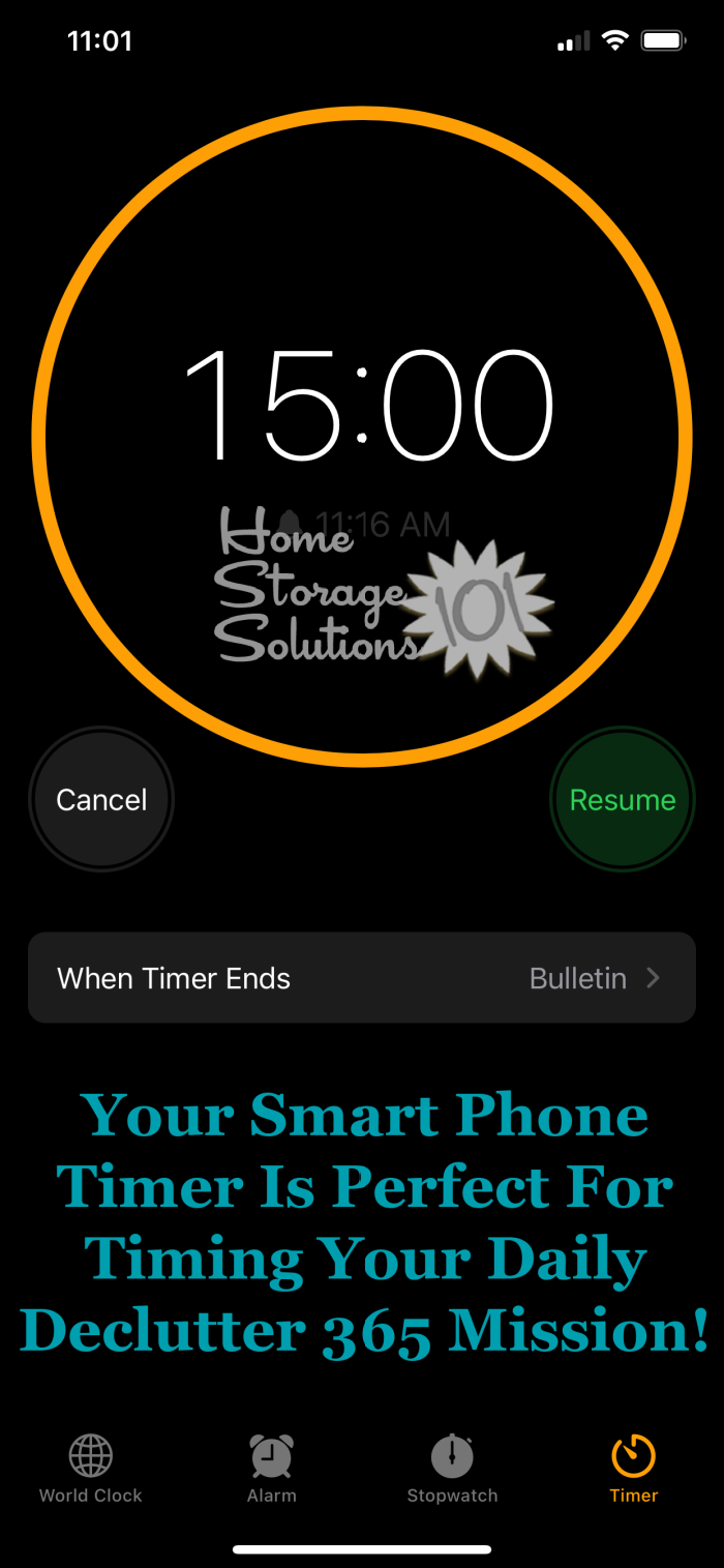 Your smart phone timer is perfect for timing your daily Declutter 365 mission! {on Home Storage Solutions 101} #decluttering #timer